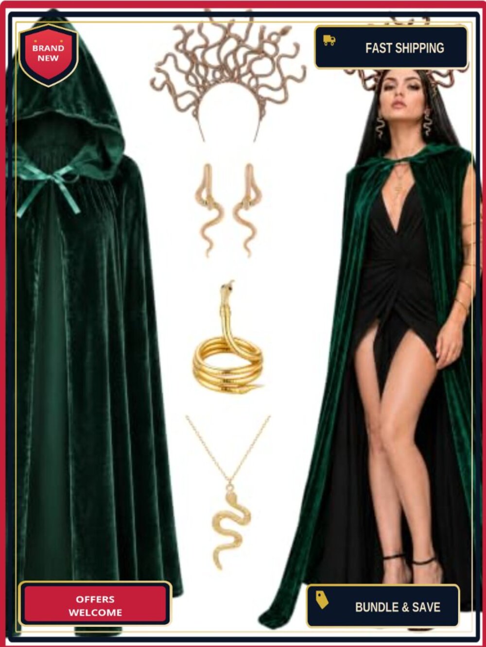 Medusa Costume Accessories Set Snake Crown Earrings Necklace Velvet Cape Women